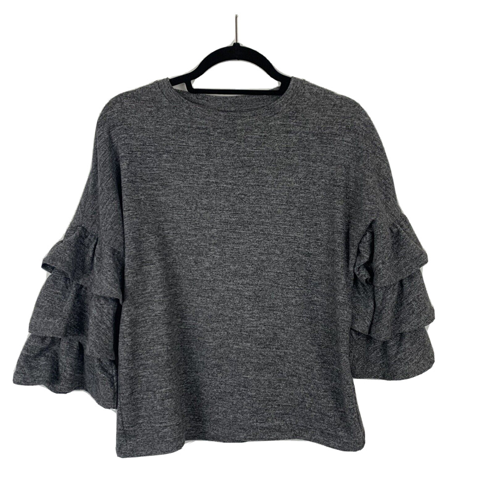 Massini Womans Pullover Ruffle 3/4 Sleeve Sweater Size Small Gray
